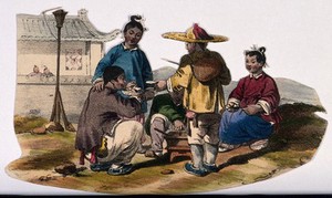 view A Chinese family sit around a small cooking stove eating by the side of the road. Coloured lithograph after W. Alexander.