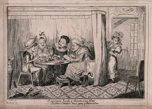 view Four elderly ladies sitting around a table gossiping; another woman listens from behind a curtain and looks rather shocked. Etching by George Cruikshank after EHL.