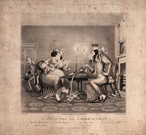 view Two women sit at a table drinking tea and gossiping, so taken up with what they are saying that the tea is accidently poured on the cat. Aquatint by G. Hunt after M. Egerton.