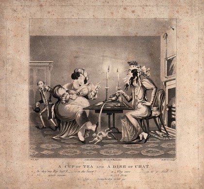 Two women sit at a table drinking tea and gossiping, so taken up with what they are saying that the tea is accidently poured on the cat. Aquatint by G. Hunt after M. Egerton.