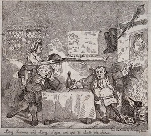 view A parson guilty of long tedious sermons has fallen asleep as a veteran relates at length the tactics used at the battle of Dettingen: both ignore a woman who brings them a  dish of cooked chicken. Etching by T. Rowlandson, 1784.