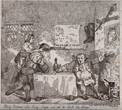 A parson guilty of long tedious sermons has fallen asleep as a veteran relates at length the tactics used at the battle of Dettingen: both ignore a woman who brings them a  dish of cooked chicken. Etching by T. Rowlandson, 1784.