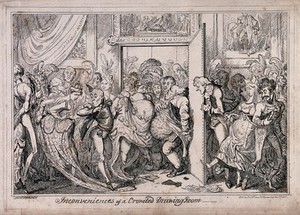 view Too many people are trying to get into a drawing room at Buckingham Palace, consequently people are being crushed and ladies' dresses are being trodden on. Etching by George Cruikshank.