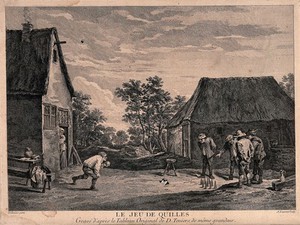 view A group of men playing a game outside with a ball and nine pins, a woman watches from a doorway. Engraving by A. Laurent, 1743, after David Teniers.