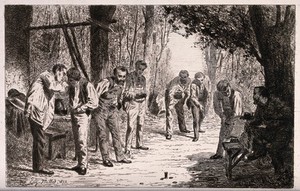 view Eight men playing quoits in a woodland clearing. Etching by Eugèe Henri Millet, 1873.