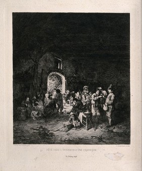 A group of people are having a celebration inside a cottage. Etching by J. Jacquemart after Adrien van Ostade.