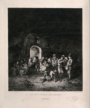 view A group of people are having a celebration inside a cottage. Etching by J. Jacquemart after Adrien van Ostade.