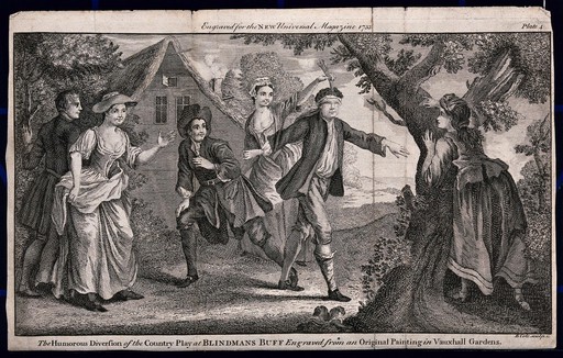 Young men and women are playing blind man's buff. Engraving by B. Cole, 1753.