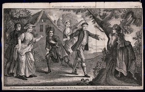 view Young men and women are playing blind man's buff. Engraving by B. Cole, 1753, after F. Hayman.