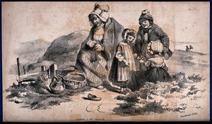 view A woman and three chidren are sitting by the side of a track with a basket and flagon nearby. Lithograph by T. Fairland.