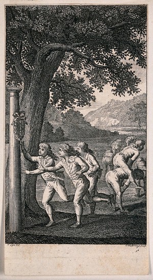 view Boys runing a race to seize the winner's wreath while others are playing leapfrog. Engraving by C. Westermayer after H. Lips.