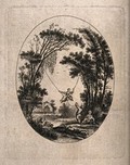 view A young woman is being pushed on a rope swing strung between two trees, a companion sits on the ground beneath. Etching, 17--.