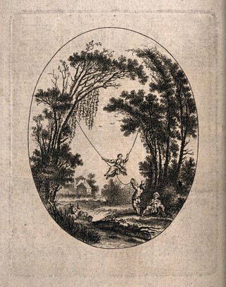 A young woman is being pushed on a rope swing strung between two trees, a companion sits on the ground beneath. Etching, 17--.