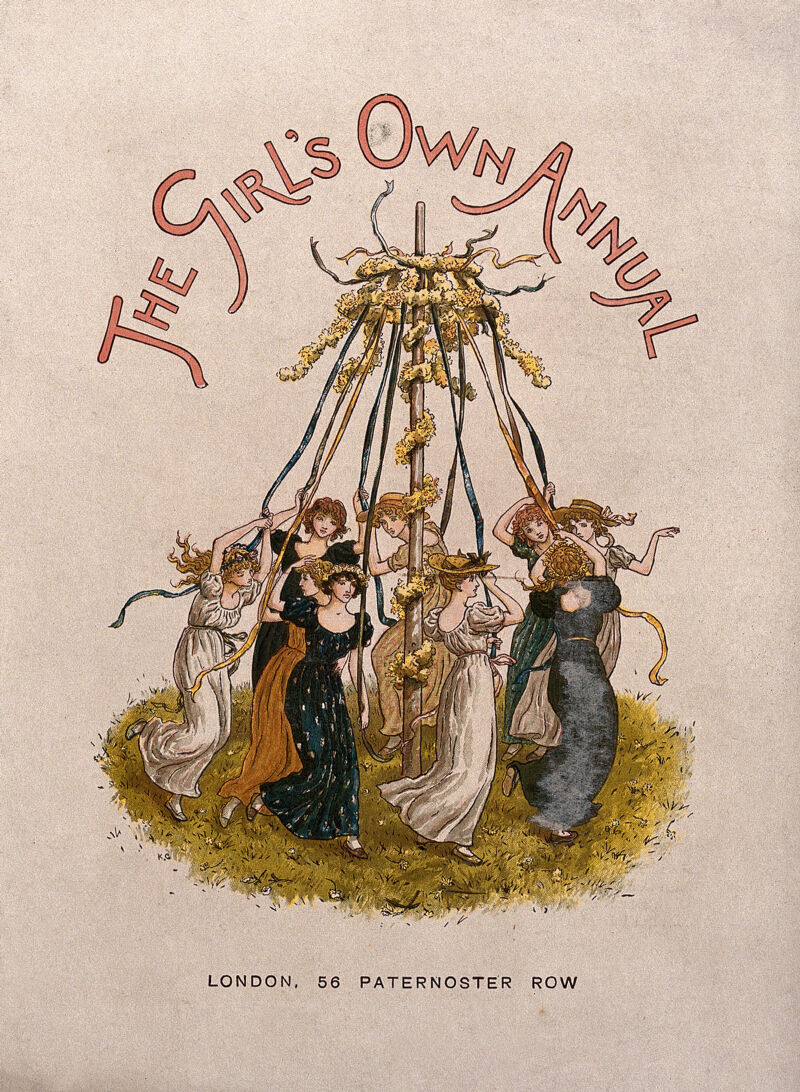 Girls in long dresses dance around a maypole. Colour wood engraving attributed to E. Evans after Kate Greenaway., by Kate Greenaway
