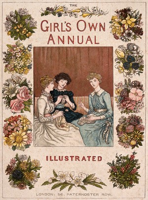 view Three girls sit on a sofa with sewing and knitting needles in their hands. Colour wood engraving attributed to E. Evans after Kate Greenaway.