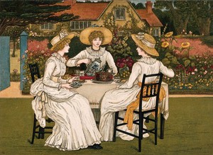 view Three young woman are sitting at table in a garden having afternoon tea, with a large fruit cake. Colour wood engraving by E. Evans after Kate Greenaway.