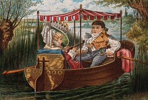 view A young couple in Regency costume enjoy an excursion in a canopied boat on the river. Colour wood engraving by Leighton Bros., 18--.