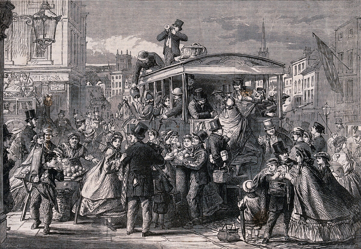 Many people are riding on and crowding around a large horse-drawn carriage. Wood engraving by M. Jackson, 1862, after A. Hunt., 1862, by Alfred William Hunt
