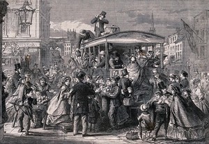 view Many people are riding on and crowding around a large horse-drawn carriage. Wood engraving by M. Jackson, 1862, after A. Hunt.