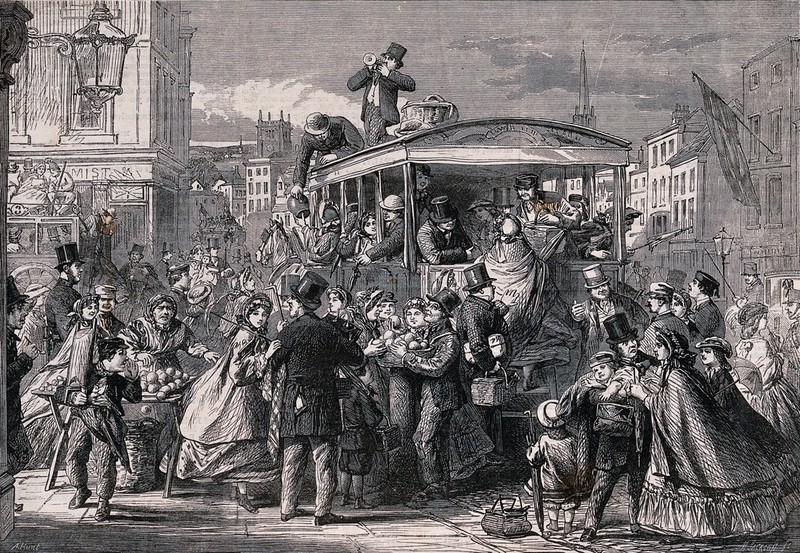 Many people are riding on and crowding around a large horse-drawn carriage. Wood engraving by M. Jackson, 1862, after A. Hunt., 1862, by Alfred William Hunt