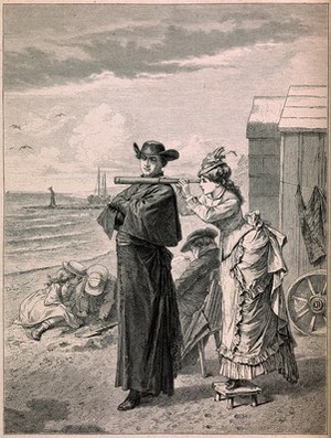 view A young woman is standing on a beach looking out to sea through a telescope which she is resting on the shoulder of a Catholic priest. Wood engraving after P. Thumann.