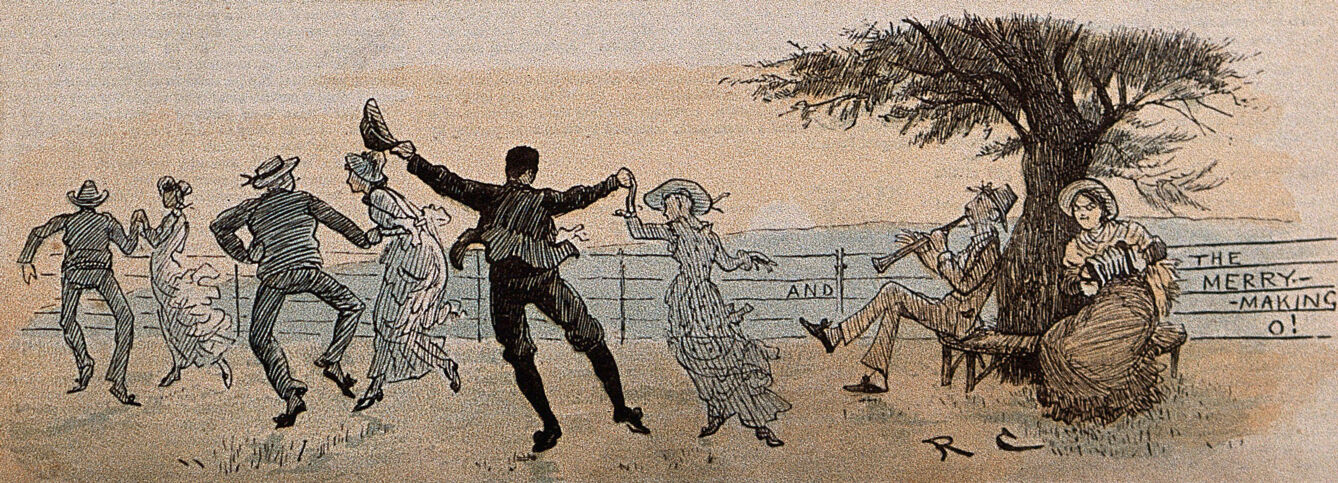 After a haymaking holiday,  three couples are dancing to a man playing the flute and a woman playing the accordion. Colour wood engraving after R. Caldecott, 1881.