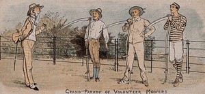 view Three men on a haymaking holiday are lined up by the fence, each of them is holding a scythe, Colour wood engraving after R. Caldecott, 1881.