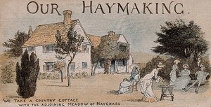 view Holidaymakers relaxing in the garden of a rented country house on a haymaking holiday. Colour wood engraving after R. Caldecott, 1881.