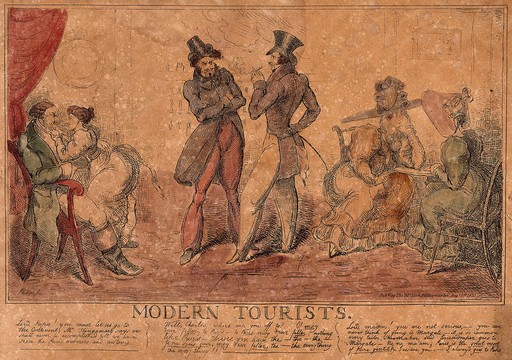 A young girl sits on her father's knee; two men in top hats have a discussion; two women seated on chairs are talking to one another. Coloured etching by Phillips.