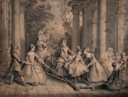 Children playing a game with one of them being pulled along on a baby-walker with ribbons. Etching by N. Larmessin, 1735, after N. Lancret.