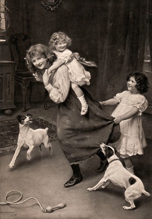 view A girl giving a piggy-back to a younger girl. Photogravure after Arthur J. Elsley, 1907.