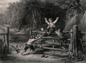 view Four boys ride on a five-bar gate in a woodland. Engraving by C. Cousen after W. Collins.