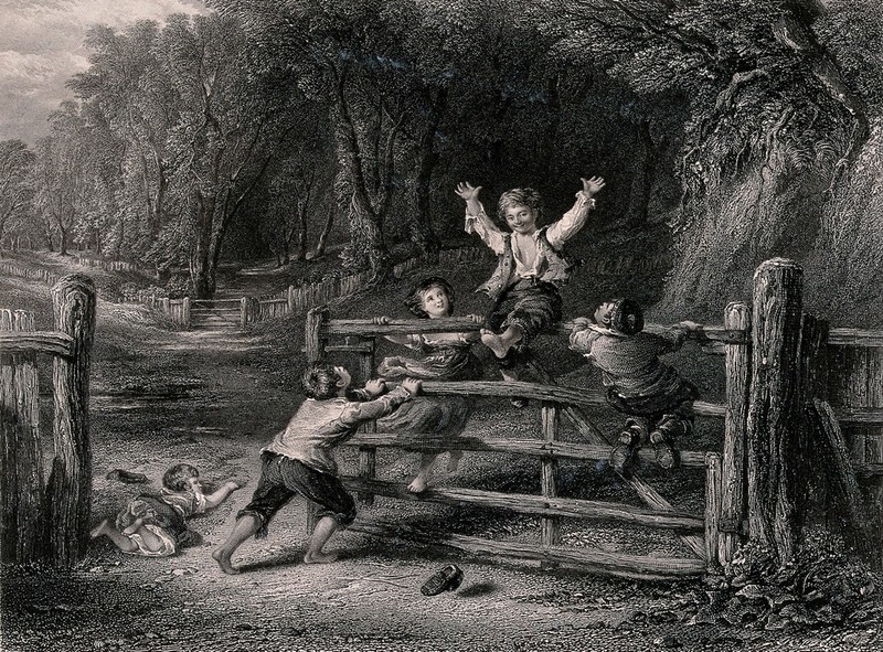 Four boys ride on a five-bar gate in a woodland. Engraving by C. Cousen after W. Collins., by William Collins