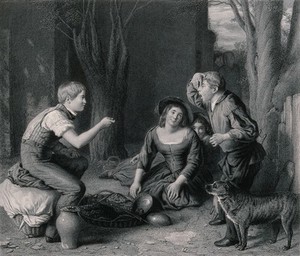 view One boy is holding his mouth open as another aims to throw a cherry for him to catch, two girls look on in amusement. Engraving by H. Bourne after W. Mulready.