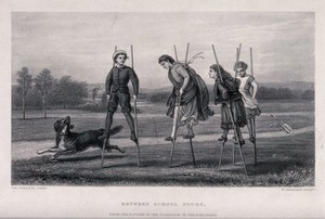 view Four children play on stilts in the park as a dog runs beside them. Engraving by W. Greatbach after C.E. Perugini.