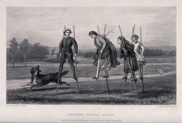 Four children play on stilts in the park as a dog runs beside them. Engraving by W. Greatbach after C.E. Perugini.