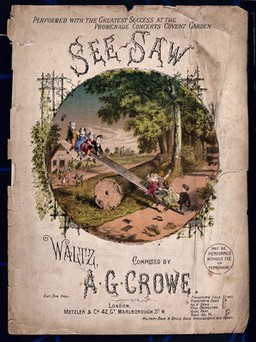 Children are rushing out of school to play on the see-saw, their books and caps are on the ground. Coloured lithograph by Stannard & Son.