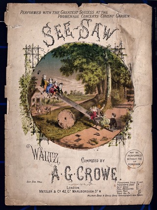Children are rushing out of school to play on the see-saw, their books and caps are on the ground. Coloured lithograph by Stannard & Son.