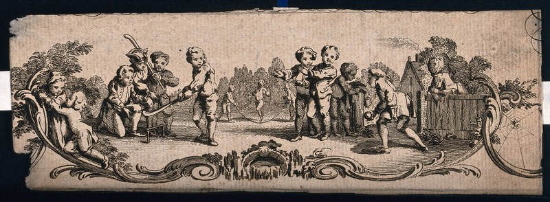 Children are playing cricket with a bat and ball, others are skipping in the background. Etching by H. Gravelot., 1700-1799, by Hubert-François Gravelot
