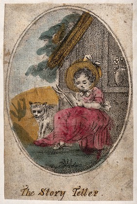 A small girl wearing a bonnet is sitting by a hut reading a book. Coloured stipple engraving.