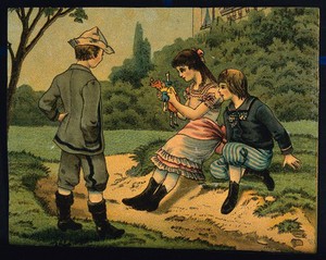 view A girl demonstrates a puppet to two boys in the gardens of a villa. Chromolithograph.