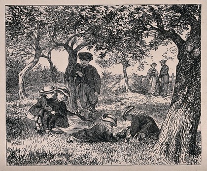 A couple look on as a nanny looks after four children and plays games with them. Wood engraving.