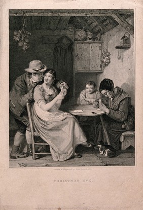 A family playing cards: the husband is looking over his wife's shoulder at her cards, the child is smiling but the old lady seems to have fallen asleep. Engraving by John Burnet after himself.