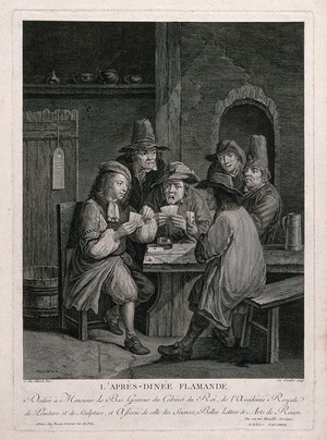 view Men sitting around a table playing a game of cards. Engraving by C. Gaucher, 1766, after G. Van Tilborch.