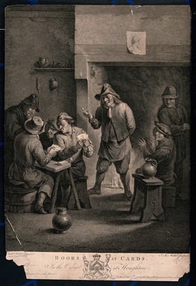 Four men sit at a table playing cards, others watch as they stand around a fire. Engraving by J.B. Michel after J. Boydell after D. Teniers.