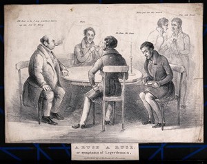 view Sir W. Ingleby and Baron De Roos cheating in a game of cards with two other men. Lithograph by I.H., 183-.