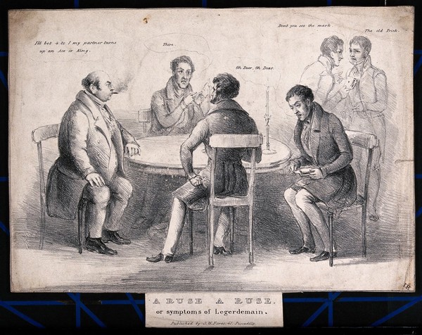 Sir W. Ingleby and Baron De Roos cheating in a game of cards with two other men. Lithograph by I.H., 183-.