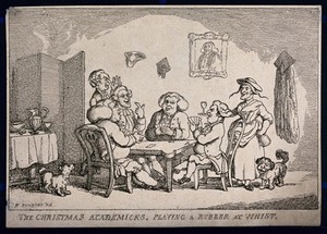 view University lecturers at Christmas playing cards. Etching after H. Bunbury.