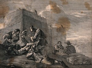 view Men sitting or lying on the hillside outside the walls of a city, playing cards. Engraving after P. van Laer (?).