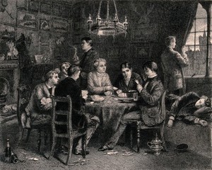 view A group of men are sitting around a table, playing cards and smoking, there are empty bottles lying around on the floor and one man has fallen asleep. Etching by S.J. Ferries after Wm. P. Frith.